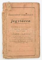 cca 1940-1944 Összesített kombinált jegytárca, Szabó Lajosné fűszer, csemege és hentes áru különlegességek kereskedése, sérült, viseltes állapotban, benne 7 db hadiüzemi zsiradékpótjegy + Budapesti finomlisztváltójegy (tésztajegy) és zsiradékjegy szelvények