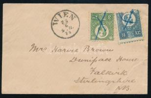 1874 Levél 3kr + 10kr Réznyomat bélyegekkel, kék ceruzás érvénytelenítéssel WIEN - FALKIRK (ritka postatörténeti darab!)