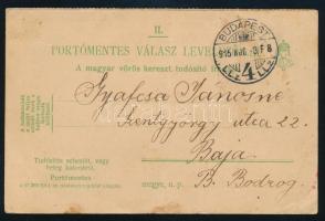 1915 Vöröskereszt válaszos tudakozólap - futott válaszlap &quot;BUDAPEST&quot; - Baja