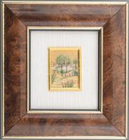 23K arannyal díszített tájkép, üvegezett keretben, 4x3 cm, 14x13 cm