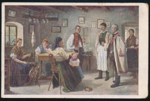 1918 Képeslap (Lánykérőben jelenet), lila "K.u.k. Sapoeurkompagnie" cenzúrával Fiuméba