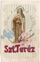 1924 Szent Teréz. Kézzel készült egyedi litho képeslap selyemvirággal/ Saint Therese. Hand made. Art Nouveau litho, with flowers. Emb. (vágott / cut)