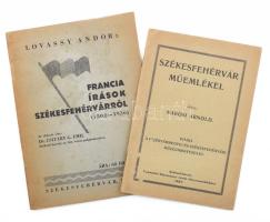 Lovassy Andor: Francia írások Székesfehérvárról (1502-1936). DEDIKÁLT! Székesfehérvár, 1939, Szerzői, (Pannonia-ny.), 32 p. Kiadói papírkötés, a dedikációban a nevet kisatírozták. + Marosi Arnold: Székesfehérvár műemlékei. Kiadja: Fejérvármegyei és Székesfehérvári Múzeumegyesület. Székesfehérvár, 1927, Debreczenyi István-ny., 4, p. Korabeli reklámokkal. Kiadói papírkötésben.