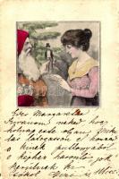 1903 Mikulás / Christmas greeting art postcard with Saint Nicholas and toys (fa)