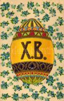 1911 Khristos voskrese / Russian Easter greeting art postcard with egg. Floral, Emb. litho (Rb)