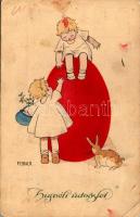 Húsvéti üdvözlet / Easter greeting art postcard with children, egg and rabbit. M. Munk Wien Nr. 1134. s: Pauli Ebner (EB)