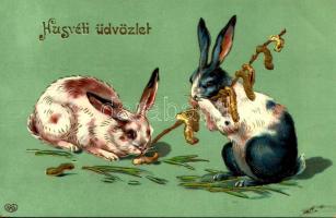 1913 Húsvéti üdvözlet / Easter greeting art postcard with rabbits. EAS litho (EK)