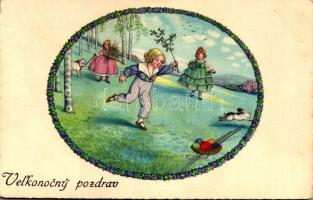 1936 Velkonocny pozdrav / Easter greeting art postcard with children, eggs and rabbit. MIKU Nr. 2040. s: Pauli Ebner (fl)