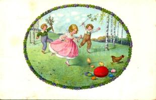 1931 Velkonocny pozdrav / Easter greeting art postcard with children, eggs and chicken. M. M. Nr. 1251. s: Pauli Ebner (fl)