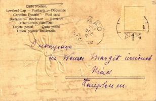 Krampus art postcard with birch. Emb. litho (fl)