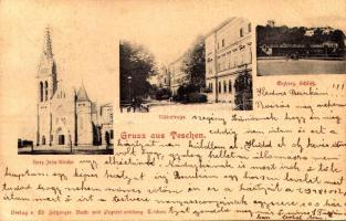 1900 Cieszyn, Teschen; Herz-Jesu-Kirche, Alléestraße, Erzherz. Schloß / church, street view, castle. Verlag v. Ed. Feitzinger (EK)