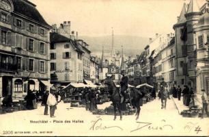 1902 Neuchatel, Place des Halles, Boulangerie / market, bakery (small tear)