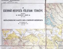 A Cserhát-hegység földtani térképe. Felvette: id. Noszky Jenő 1911-1937. Mérték: 1:75,000. (1938) Budapest, 1938. M. Kir. Földrajzi Intézet - M. Kir. Honvéd Térképészeti Intézet. Színes térkép, mérete: 795x870 mm egy 825x895 méretű térképlapon. Idősebb Noszky Jenő (1880-1951) geológus, paleontológus, 1905-től a Földrajzi Intézet külsős munkatársaként rendszeresen részt vett az ország földtani felvételében. A magyar-német nyelvű jelkulccsal ellátott földtani térkép a domborzati, vízrajzi, település-, vasút- és közúthálózati részleteken kívül elsősorban a Cserhát kőzettani összetétele iránt érdeklődik. Az ábrázolt térség középpontjában a Cserhát, a kapcsolódó területekkel, délnyugaton a Szentendrei-sziget és Dunakeszi, keleten a Zagyva folyása, északon az Ipoly folyása határolja a területet, az azon túl elterülő északi mellékfolyókkal, nyugaton pedig Ipolyság-Parassapuszta-Drégelypalánk-Diósjenő-Nógrádverőce jelentette vonal, amelyen már túl a földtani szempontból radikálisan eltérő Börzsöny emelkedik. A jobb felső sarokban régi tulajdonosi bejegyzés és katalógusszám. Jó állapotú térképlap, vászonra kasírozva.