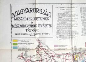 Magyarország szikes területeinek és mészkőbányáinak térképe (vasút- és úthálozattal). Mértéke: 1:550,000. (1928) Budapest, 1928. Magyar Királyi Földtani Intézet házinyomdája. Színes térkép, mérete: 630x900 mm egy 685x990 mm méretű térképlapon. A M. Kir. Földrajzi Intézet térképe a m. kir. Földmívelésügyi Minisztérium által megindított szikjavító (talajjavító) munkához kapcsolódik. A trianoni Magyarországot ábrázoló talajtani és kőzettani részleteket célzó térképen vízrajzi, település-, vasút- és közúthálózati részletek, a Hajdúság, a Nagykunság és a Körös-Maros köze mészszegény szikes, a Nyírség és a Kiskunság szódás szikes területeinek jelölésével, valamint hegységeink mészkő-lelőhelyeinek feltüntetésével. A térkép szélein Magyarország üzemelő 172 mészkőbányájának megnevezésével, az éves termelés adatolásával. Térképünk feliratozott borítóban, az első borító elvált a térképtesttől. Jó állapotú lap, hajtogatva, feliratozott kiadói borítóban. Jó példány.