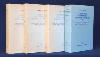 Györffy György:  Az Árpád-kori Magyarország történeti földrajza I-IV. Budapest, 1987-1998. Akadémiai Kiadó (ny.) 907 + [5] p.; 646 + [2] p.; 568 + [2] p.; 714 + [6] p. Első (harmadik) kiadás. I. Abaújvár, Arad, Árva, Bács, Baranya, Bars, Békés, Bereg, Beszterce, Bihar, Bodrog, Borsod, Brassó, Csanád és Csongrád megye. II. Doboka, Erdélyi Fehér, Esztergom, Fejér, Fogaras, Gömör és Győr megye. III. Heves, Hont, Hunyad, Keve, Kolozs, Komárom, Krassó, Kraszna, Küküllő megye és Kunság. IV. Liptó, Máramaros, Moson, Nagysziget, Nógrád, Nyitra, Pest és Pilis megye. Györffy György (1917-2000) történész, középkorász monumentális munkája levéltári adatok segítségével rekonstruálja Magyarország Árpád-kori megyéinek teljes településföldrajzát. Az oldalszámozáson belül számos megye-, vár- és várostérképpel illusztrált kötetek alfabetikus sorrendben sorakoztatják az ország Árpád-kori megyéit, általános jellemzését adják a megyék kialakulásának, térképes formában adatolják a megye területének nagyobb nemzetségi és egyházi birtokosait. A megyei települések éves jövedelmének és egyházi tizedének feltüntetését követően levéltári források nyomán részletes településtörténeti adatok, a szócikkek egyes jelentősebb települések esetén akár több oldalra is terjednek. A monográfia beavat a magyarság és az itt talált szláv és törökös népelemek népmozgásaiba is. A munkából összesen négy kötet készült el, az utolsó feldolgozott közigazgatási egység a Budát, Óbudát és Visegrád várát is magában foglaló Pilis megye. Példányunk első kötete először 1963-ban jelent meg, példányunk az 1987. évi 3. kiadásból, a többi kötet az első kiadásból származik. Harmadik kötetből egy ív hiányzik, utolsó ívének fűzése meglazult. Aranyozott kiadói egészvászon kötésben, feliratozott kiadói védőborítóban. Jó példány.