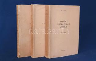 Prümmer, Dominik Maria:  Manuale theologiae moralis. Secundum principia S. Thomae Aquinatis. In usum scholarum. Edidit Dominicus M. Prümmer. Tomus I-III. [Teljes, három kötetben.] [Barcelona-Freiburg-Róma] Barcinone-Friburgi Brisgoviae-Romae, 1960. Herder (Typis officinae Grafos SA., Barcinone]. XXXIX + [1] + 471 + [1] + 3 + [1] p.; X + 566 + 4 + [2] p.; XI + [1] + 697 + [1] + 32 + [2] p. Dominik Prümmer (1866-1931) svájci katolikus teológus latin nyelvű erkölcsi kézikönyve a modern idők által felvetett kérdésekre dolgozza ki a katolikus erkölcstant, bűn és erény, penitencia és jog viszonyát - az Aquinói Szent Tamás elvei alapján álló dolgozat tisztázza állami jog és egyházjog viszonyát, de választ ad az olyan praktikus dilemmákkal kapcsolatban, mint amilyen a kihívó öltözködés, a művi magzatelhajtás kérdése, illetve erkölcsi vizsgálat alá vonja a különféle hipnotikus gyakorlatokat is. A rendszerezett katolikus erkölcstani dolgozat elsődleges célja ugyanakkor nem a feljebbi kérdések megválaszolása, hanem a tanácsadás a gyónás során felmerülő erkölcsi kérdések, társadalmi rendet is érintő büntetőügyek teológiailag is megalapozott elbírálásával kapcsolatban. A háromkötetes munka először 1921-ben jelent meg, 1928-as második kiadását szemlézte a Pannonhalmi Szemle. Példányunk a mű 13. kiadásából való. Egységes, feliratozott kiadói egészvászon kötésben, felül színes festésű lapszélekkel, kiadói védőborítóban. Jó példány.