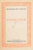 Komáromi János 2 műve, az egyik a szerző által aláírt: Zágon felé. (Aláírt!); Vidróczki. Komáromi János Munkái Gyűjteményes Kiadás. Bp., [1935?], Genius, 286 p.; 215+(1) p. Kiadói aranyozott egészvászon sorozatkötés, kopottas borítóval, az egyik kötet kissé deformált gerinccel.