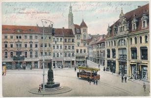 1906 Zittau, Rathausplatz mit Gewandhaus, August Rücker: Stürfchner, Solinger-Stahlwaaren, Hüte Mützen u. Pelzwaaren, W. Hedler, S. Poerder / square, shops, tram, staue