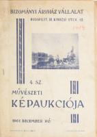 Bizományi Áruház Vállalat (BÁV) 4. sz. Művészeti képaukciója. Bp., 1961, BÁV,(Pátria-ny.), 5 sztl. lev. Benne Aba - Novák Vilmos, Barabás Miklós, Csók István, Egry József, Ferenczy Károly, Fényes Adolf. Glatz Oszkár, Gulácsy Lajos, Iványi - Grünwald Béla, Kádár Béla, Kernstok Károly, Lotz Károly, Magyar Mannheimer Gusztáv, Mednyánszky László, Mészöly Géza, Rippl-Rónai József, Rudnay Gyula, Székely Bertalan, Szőnyi István, Vaszary János és mások. Tűzött papírkötés, foltos borítóval, szakadozott lapszélekkel, ceruzás bejegyzésekkel, leütési árakkal! Izgalmas, gyűjtői darab!