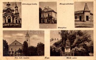 1943 Tura, Schlossberger kastély, községháza, Római katolikus templom, Hősök szobra, hangya szövetkezet üzlete (ázott / wet damage)