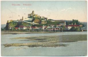 1908 Trencsén, Trencín; látkép, vár. Gansel Lipót kiadása / Trenciansky hrad / general view, castle + "POZSONY - ZSOLNA 48. SZ. B" vasúti mozgóposta bélyegző (EB)