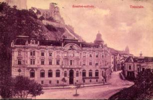 1908 Trencsén, Trencín; Erzsébet szálloda, vár / Trenciansky hrad / hotel, castle + &quot;POZSONY - ZSOLNA 47. SZ. B&quot; vasúti mozgóposta bélyegző (EB)