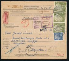 1959 Csomagszállító szelvény Németországból Komlóra küldve, Budapesten belföldi expressz díj 2Ft bélyeggel leróva