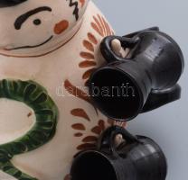 Tiszafüredi feliratos miskakancsó, 6 darab ráakasztható kupicával, mázkopással, m: 23,5 cm