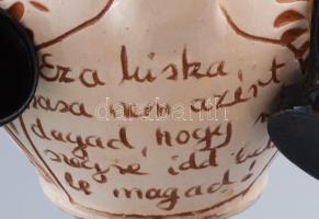 Tiszafüredi feliratos miskakancsó, 6 darab ráakasztható kupicával, mázkopással, m: 23,5 cm
