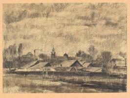 Novák Lajos (1927-1989): Beszélgetők a város szélén, 1956. Szén, papír, jelzett, paszpartuban, 25,5×35,5 cm