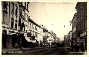 1928 Graz, Annenstrasse. Raseur Friseur, Union Theater, Zahn Atelier / street view, hairdresser, barber, theater, shops, tram. Steffen Lichtbild