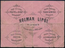 1865 Vác, Kolman Lipót divatáru üzletének számlája, a képoldalán kétnyelvű választék, hátoldalán a számla, megviselt állapotban, 10×14 cm