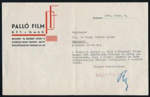 1942 Bp., Palló Film Kft. fejléces levele a Szamuráj leánya című film ügyében, hajtott