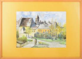 Radicsné Hídvégi Katalin (1946-): Tatai részlet a Kapucinus templommal. Akvarell, pasztell, papír, j...