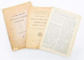 Vegyes Győrrel kapcsolatos tétel, 3 db:   Németh Ambrus: A győri királyi tudomány-akadémia története III. rész. 1806-1850. Győr, 1904, Győregyházmegye Könyvsajtója, 135+5 p. Kiadói papírkötés, szakadozott, sérült borítóval, sérült, részben hiányos, foltos gerinccel. Felvágatlan lapokkal.;   Németh Ambrus: Szent Kamill - rendi szerzetesek Győrött. (1761 - 1786). Szent István-Társulat Tudományos és Irodalmi Osztályának Felolvasó Üléseiből 91. sz. Bp., 1915, Szent-István-Társulat, 35+1 p. Kiadói papírkötés, szakadt, foltos borítóval. Felvágatlan lapokkal.;   H. Pálfy Ilona: Győr. sz. kir. város az 1828. évi összeírás megvilágításában. Különlenyomat. Bp., 1934, Hornyánszky Viktor-ny., 10 p. Papírkötés, foltos.