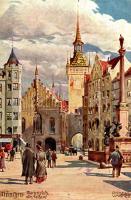 1913 München, Munich; Marienplatz altes Rathaus / old town hall. Aquarell-Serie No. 7. s: Richard Wagner