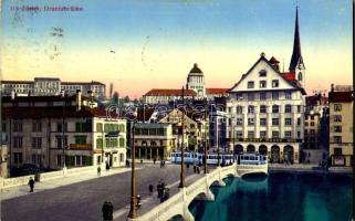 1914 Zürich, Zurich; Urianbrücke. Rudolf Mosse, Velos F. Rexer, hotel / bridge, street view, tram, shops, hotel