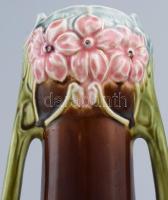 Szecessziós váza. Plasztikus virágmintákkal és inda fülekkel, sorszámozott, szájánál lepattanással é...
