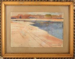 Dobroszláv József (1932-2016): Sétálók a vízparton. Akvarell, karton, jelzett. Dekoratív, üvegezett,...