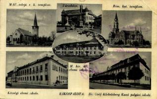 1942 Budapest XV. Rákospalota, MÁV telepi római katolikus templom, Városháza, Római katolikus templom, Községi elemi iskola, M. kir. állami elemi iskola, Dr. Gróf Klebelsberg Kunó polgári iskola (szakadás / tear)