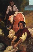 Károlyi Andor (1894-?): Mosónők. Olaj, karton, jelezve jobbra lent. Dekoratív, áttört, sérült fakere...