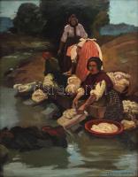 Károlyi Andor (1894-?): Mosónők. Olaj, karton, jelezve jobbra lent. Dekoratív, áttört, sérült fakere...