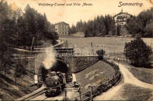 1907 Semmering, Wolfsberg-Tunnel und Villa Meran / villa, railway tunnel, locomotive, train (glue mark)