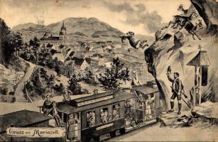 1907 Mariazell (Steiermark), montage with locomotive, train (Rb)