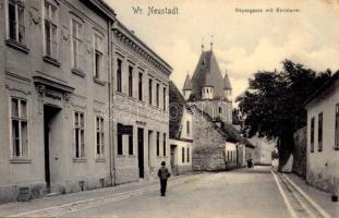 Wiener Neustadt, Bécsújhely; Reyergasse mit Reckturm, Kindergarten / street view, tower, kindergarten, shop of Johann Sauer. Verlag v. Karl Blumrich (small tear)