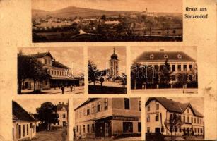 Statzendorf, multi-view postcard with railway station, restaurant, church, shop (Rb)