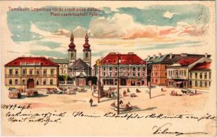 1899 (Vorläufer) Temesvár, Timisoara; Losonczy tér, szerb püspöki palota. Corvina könyvkereskedés kiadása / square, Serbian bishop's palace. Art Nouveau litho + "TEMESVÁR KÉZBESÍTŐHIVATAL"