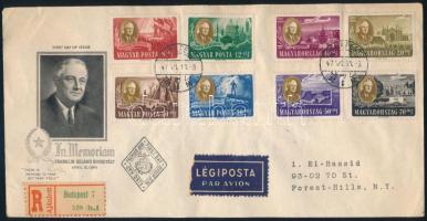 1947 F. D. Roosevelt sor ajánlott légi FDC-n, "BUDAPEST" - "NEW YORK, N.Y." (12.000)