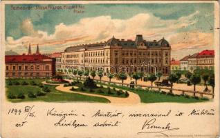 1899 (Vorläufer) Temesvár, Timisoara; Józsefváros, Küttel tér. Corvina könyvkereskedés / Iosefin, square. Art Nouveau, litho + "TEMESVÁR KÉZBESÍTŐHIVATAL"