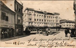 1906 Temesvár, Timisoara; Szent György tér, Első Takarékpénztár, Leitenbor József üzlete / square, savings bank, shop (fl)